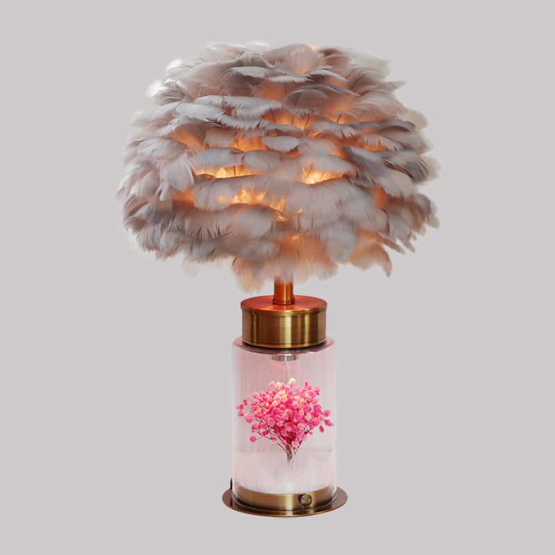 Feather Globe Study Lamp Nordic 1 Bulb Desk Light with Bottle Base and Inner Flower Decor in Grey/White/Pink Clearhalo 'Lamps' 'Table Lamps' Lighting' 1652013