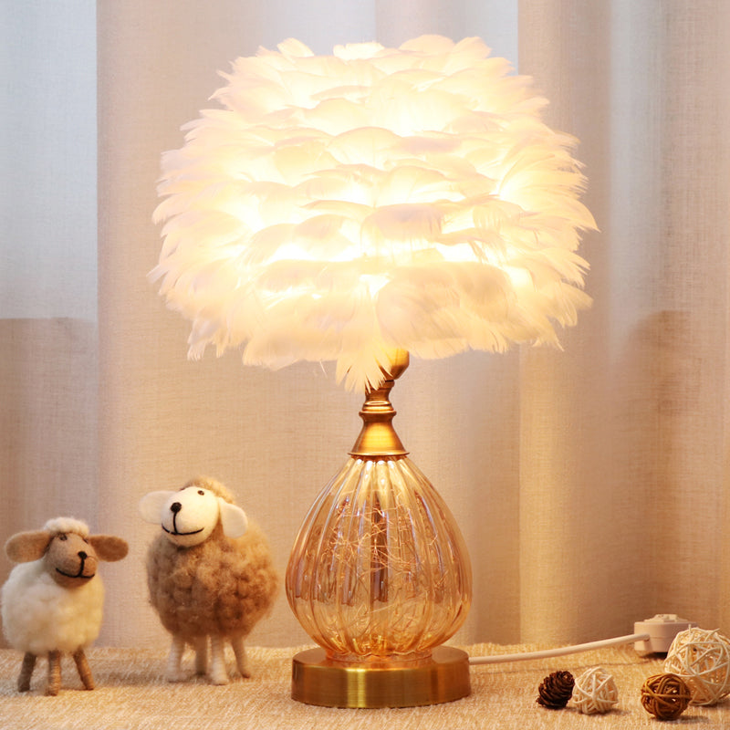 White Global Desk Light Modernist 1 Light Feather Night Table Lamp with Tapered Base Clearhalo 'Lamps' 'Table Lamps' Lighting' 1652016