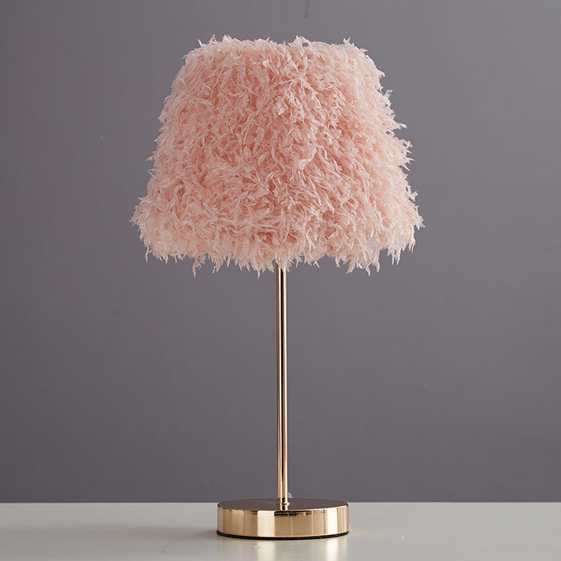 Pink/White Feather Conical Nightstand Lamp Modernist 1-Head Reading Book Light with White/Gold Base Gold Pink Clearhalo 'Lamps' 'Table Lamps' Lighting' 1652019
