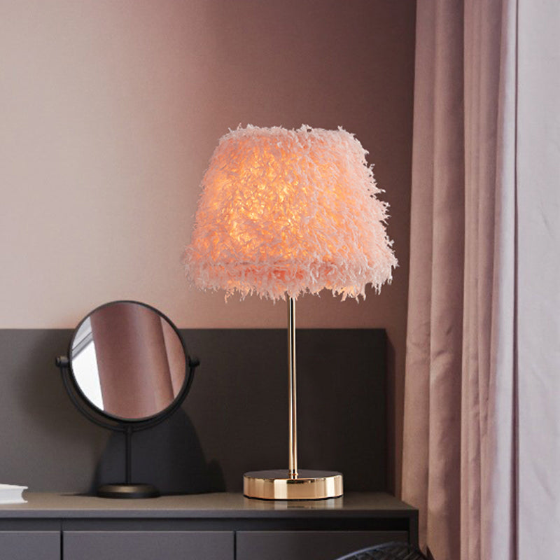 Pink/White Feather Conical Nightstand Lamp Modernist 1-Head Reading Book Light with White/Gold Base Clearhalo 'Lamps' 'Table Lamps' Lighting' 1652020