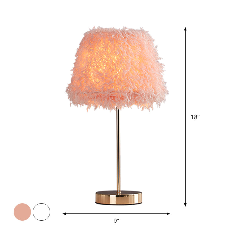 Pink/White Feather Conical Nightstand Lamp Modernist 1-Head Reading Book Light with White/Gold Base Clearhalo 'Lamps' 'Table Lamps' Lighting' 1652022