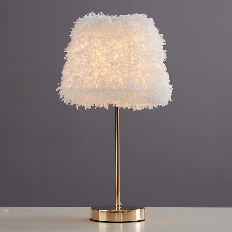 Pink/White Feather Conical Nightstand Lamp Modernist 1-Head Reading Book Light with White/Gold Base Clearhalo 'Lamps' 'Table Lamps' Lighting' 1652025