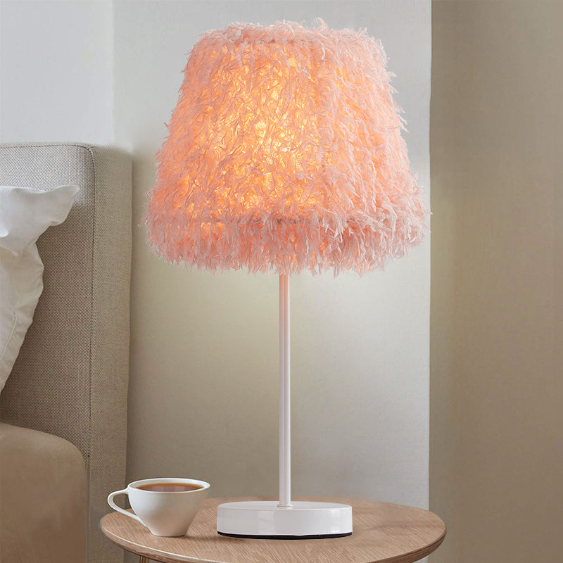 Pink/White Feather Conical Nightstand Lamp Modernist 1-Head Reading Book Light with White/Gold Base White Pink Clearhalo 'Lamps' 'Table Lamps' Lighting' 1652027