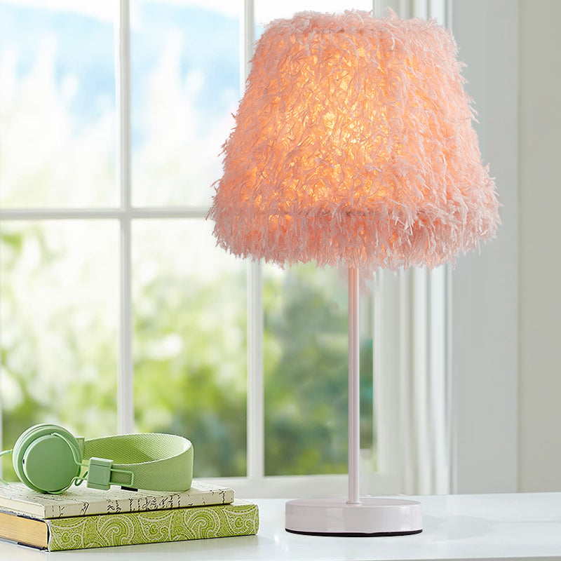 Pink/White Feather Conical Nightstand Lamp Modernist 1-Head Reading Book Light with White/Gold Base Clearhalo 'Lamps' 'Table Lamps' Lighting' 1652028
