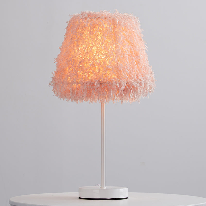 Pink/White Feather Conical Nightstand Lamp Modernist 1-Head Reading Book Light with White/Gold Base Clearhalo 'Lamps' 'Table Lamps' Lighting' 1652029