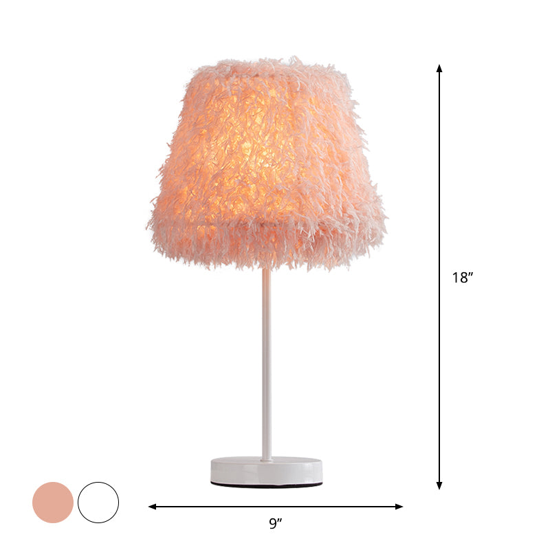 Pink/White Feather Conical Nightstand Lamp Modernist 1-Head Reading Book Light with White/Gold Base Clearhalo 'Lamps' 'Table Lamps' Lighting' 1652031