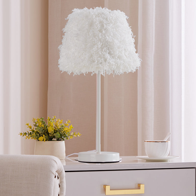 Pink/White Feather Conical Nightstand Lamp Modernist 1-Head Reading Book Light with White/Gold Base Clearhalo 'Lamps' 'Table Lamps' Lighting' 1652033