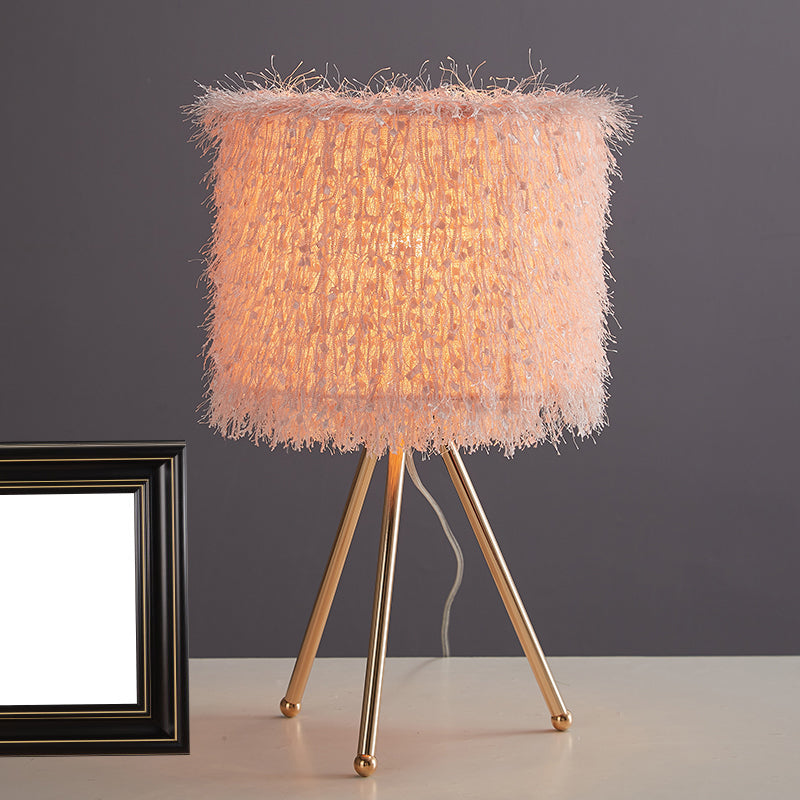 Fabric Drum Shade Table Light Modernist 1 Light White/Pink Desk Lamp with Tripod Base Pink Clearhalo 'Lamps' 'Table Lamps' Lighting' 1652036