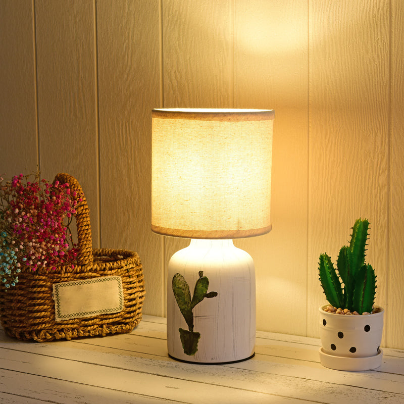 Cylinder Desk Lamp Modernist Paper 1-Light White Table Light with Ceramic Base and Cactus Pattern White Clearhalo 'Lamps' 'Table Lamps' Lighting' 1652044