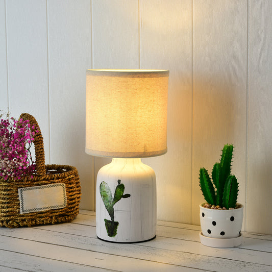 Cylinder Desk Lamp Modernist Paper 1-Light White Table Light with Ceramic Base and Cactus Pattern Clearhalo 'Lamps' 'Table Lamps' Lighting' 1652045