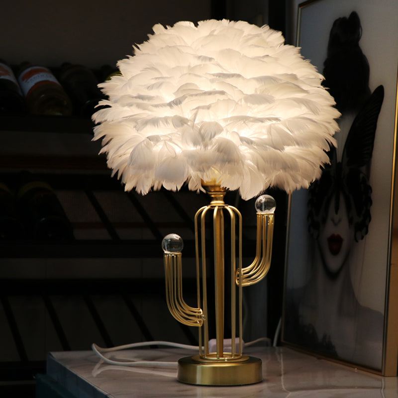 Dome Feather Desk Lamp Nordic 1-Head White Table Light with Metal Base and Clear Crystal Orbit Decor Clearhalo 'Lamps' 'Table Lamps' Lighting' 1652049