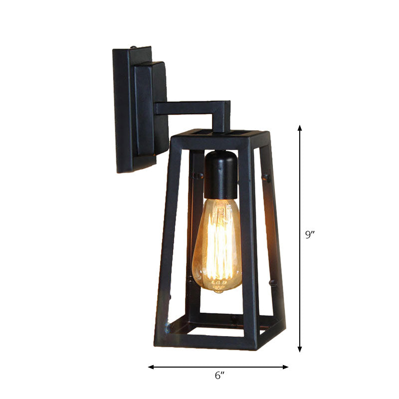 1 Bulb Trapezoid Cage Wall Lamp Industrial Stylish Matte Black Metallic Wall Mount Light for Living Room Clearhalo 'Art deco wall lights' 'Cast Iron' 'Glass' 'Industrial wall lights' 'Industrial' 'Middle century wall lights' 'Modern' 'Rustic wall lights' 'Tiffany' 'Traditional wall lights' 'Wall Lamps & Sconces' 'Wall Lights' Lighting' 165205