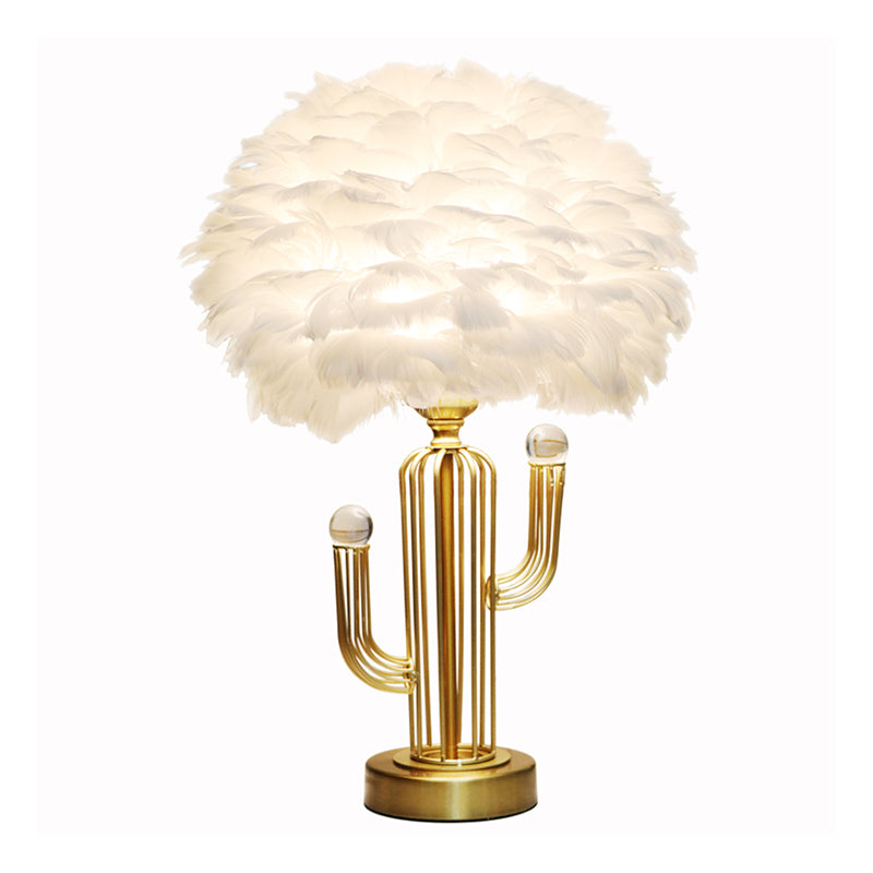 Dome Feather Desk Lamp Nordic 1-Head White Table Light with Metal Base and Clear Crystal Orbit Decor Clearhalo 'Lamps' 'Table Lamps' Lighting' 1652050
