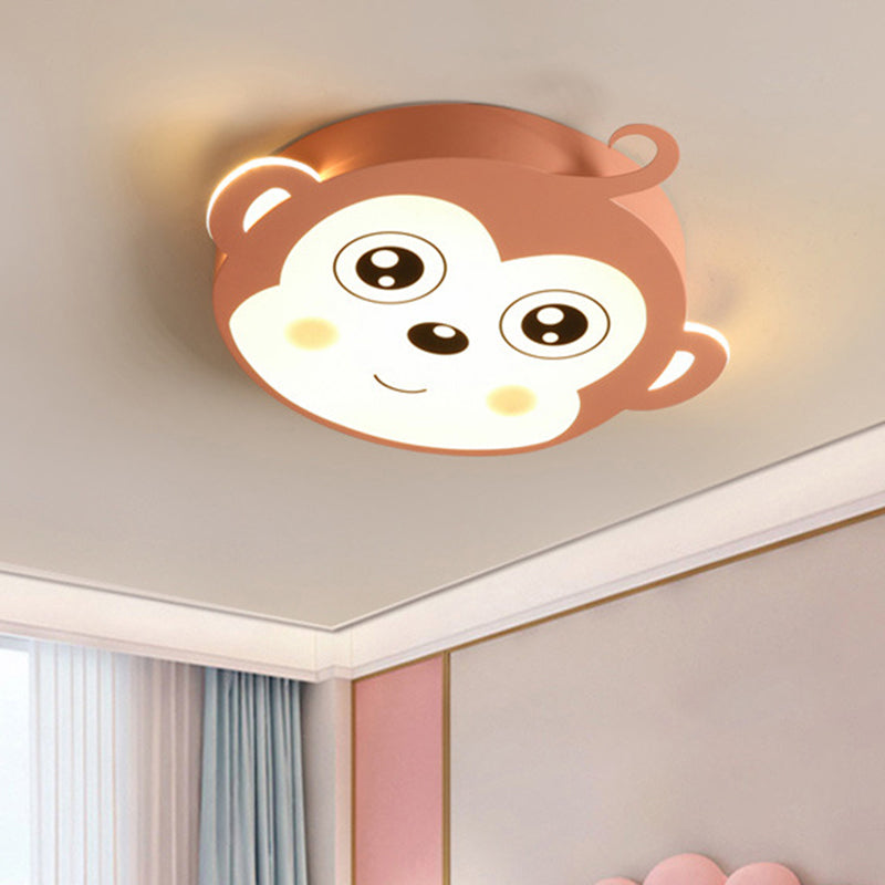 Pink/Coffee Monkey Close to Ceiling Lamp Cartoon LED Metallic Flush Mount Fixture for Children Room - Clearhalo - 'Ceiling Lights' - 'Close To Ceiling Lights' - 'Close to ceiling' - 'Flush mount' - Lighting' - 1652068