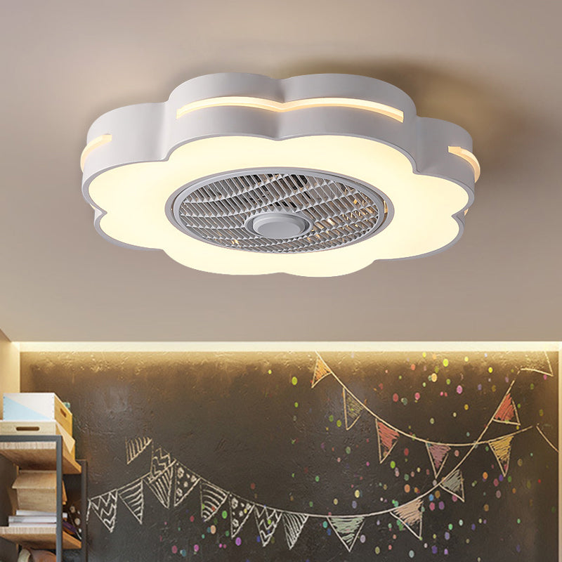 Flower LED Semi Flush Mount Fixture Minimal Acrylic White/Black/Pink Ceiling Fan Lighting for Bedroom, 23" Wide White Clearhalo 'Ceiling Fans with Lights' 'Ceiling Fans' 'Kids Ceiling Fans' 'Kids' Lighting' 1652106