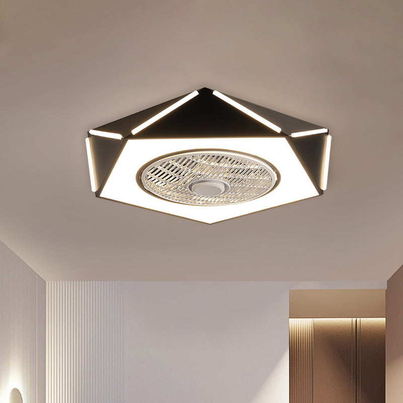 Faceted Pentagon LED Semi Flush Lamp Minimalist Metallic White/Black/Pink Ceiling Fan Lighting for Bedroom, 21.5" Wide Clearhalo 'Ceiling Fans with Lights' 'Ceiling Fans' 'Kids Ceiling Fans' 'Kids' Lighting' 1652130