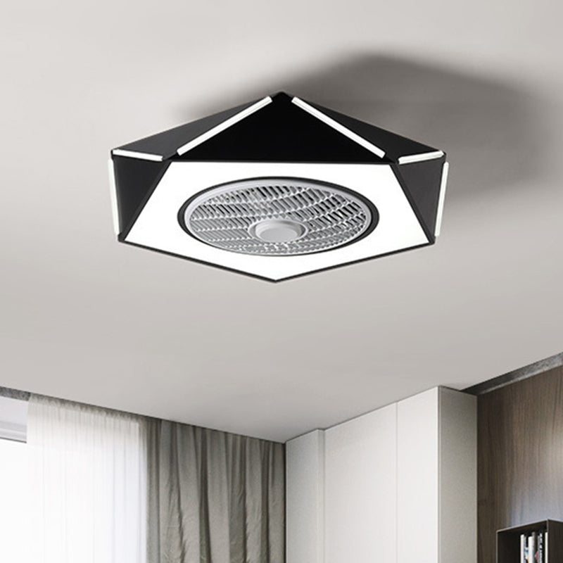 Faceted Pentagon LED Semi Flush Lamp Minimalist Metallic White/Black/Pink Ceiling Fan Lighting for Bedroom, 21.5" Wide Black Clearhalo 'Ceiling Fans with Lights' 'Ceiling Fans' 'Kids Ceiling Fans' 'Kids' Lighting' 1652131