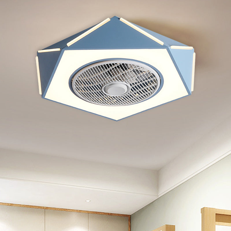 Faceted Pentagon LED Semi Flush Lamp Minimalist Metallic White/Black/Pink Ceiling Fan Lighting for Bedroom, 21.5" Wide Blue Clearhalo 'Ceiling Fans with Lights' 'Ceiling Fans' 'Kids Ceiling Fans' 'Kids' Lighting' 1652134