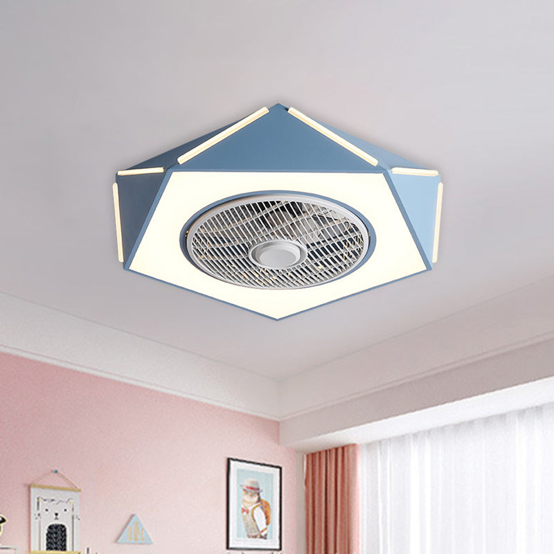 Faceted Pentagon LED Semi Flush Lamp Minimalist Metallic White/Black/Pink Ceiling Fan Lighting for Bedroom, 21.5" Wide Clearhalo 'Ceiling Fans with Lights' 'Ceiling Fans' 'Kids Ceiling Fans' 'Kids' Lighting' 1652136