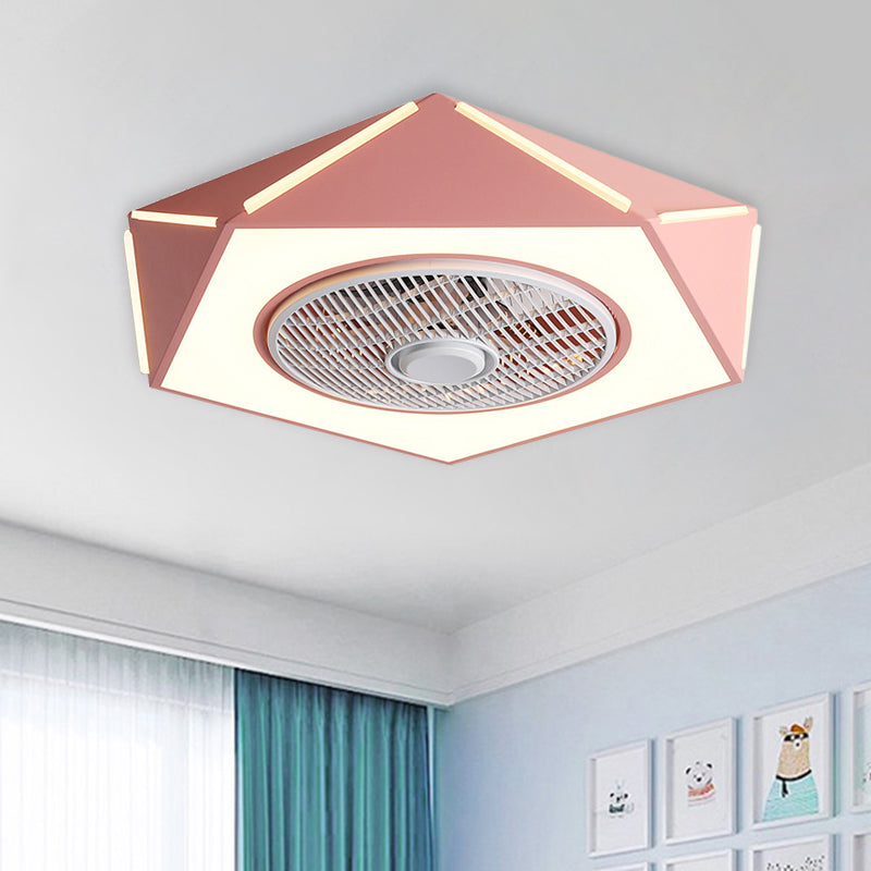 Faceted Pentagon LED Semi Flush Lamp Minimalist Metallic White/Black/Pink Ceiling Fan Lighting for Bedroom, 21.5" Wide Pink Clearhalo 'Ceiling Fans with Lights' 'Ceiling Fans' 'Kids Ceiling Fans' 'Kids' Lighting' 1652138