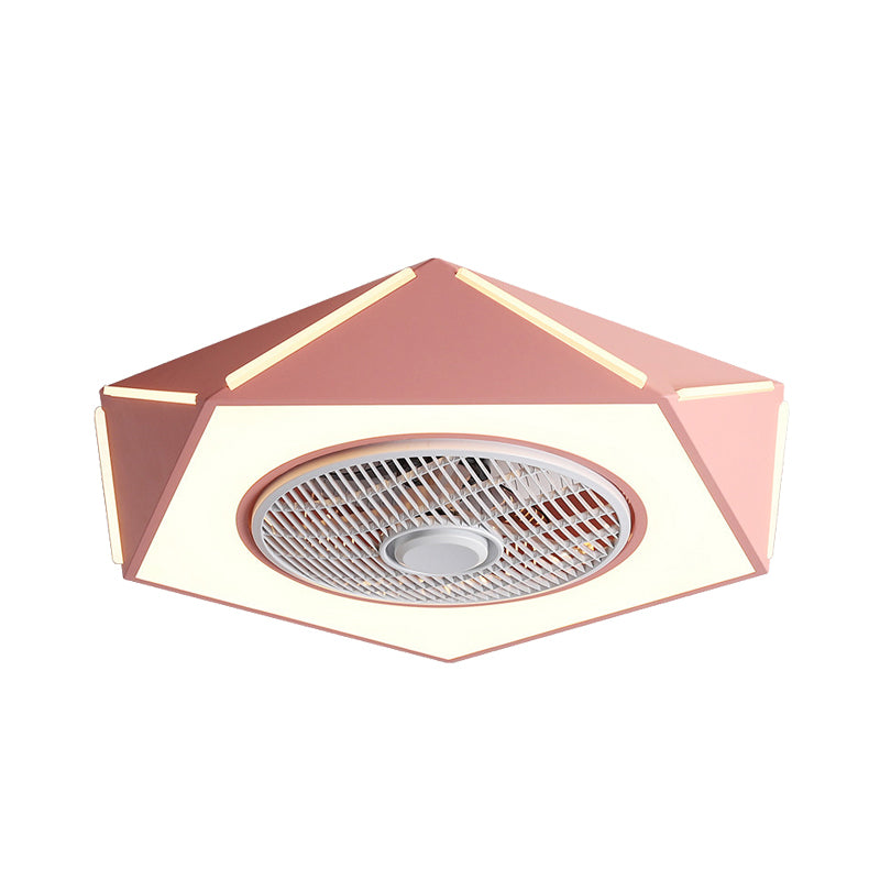 Faceted Pentagon LED Semi Flush Lamp Minimalist Metallic White/Black/Pink Ceiling Fan Lighting for Bedroom, 21.5" Wide Clearhalo 'Ceiling Fans with Lights' 'Ceiling Fans' 'Kids Ceiling Fans' 'Kids' Lighting' 1652141