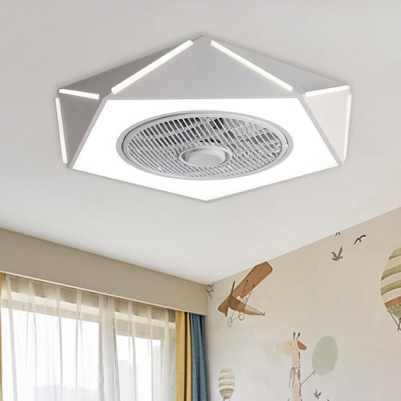 Faceted Pentagon LED Semi Flush Lamp Minimalist Metallic White/Black/Pink Ceiling Fan Lighting for Bedroom, 21.5" Wide White Clearhalo 'Ceiling Fans with Lights' 'Ceiling Fans' 'Kids Ceiling Fans' 'Kids' Lighting' 1652142