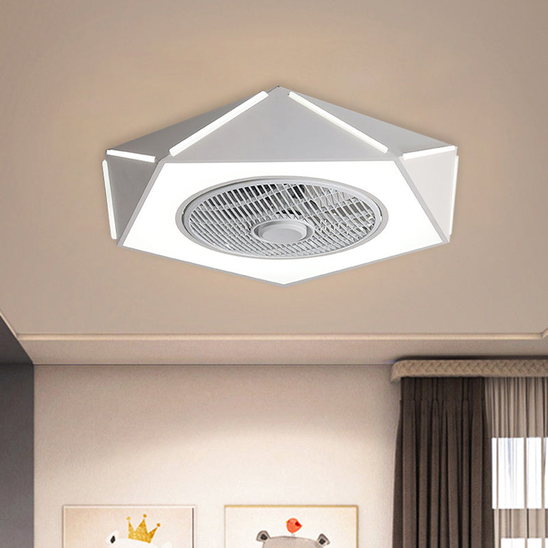 Faceted Pentagon LED Semi Flush Lamp Minimalist Metallic White/Black/Pink Ceiling Fan Lighting for Bedroom, 21.5" Wide Clearhalo 'Ceiling Fans with Lights' 'Ceiling Fans' 'Kids Ceiling Fans' 'Kids' Lighting' 1652143