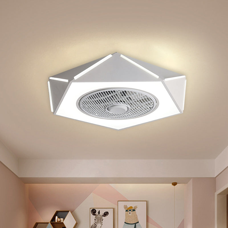 Faceted Pentagon LED Semi Flush Lamp Minimalist Metallic White/Black/Pink Ceiling Fan Lighting for Bedroom, 21.5" Wide Clearhalo 'Ceiling Fans with Lights' 'Ceiling Fans' 'Kids Ceiling Fans' 'Kids' Lighting' 1652144