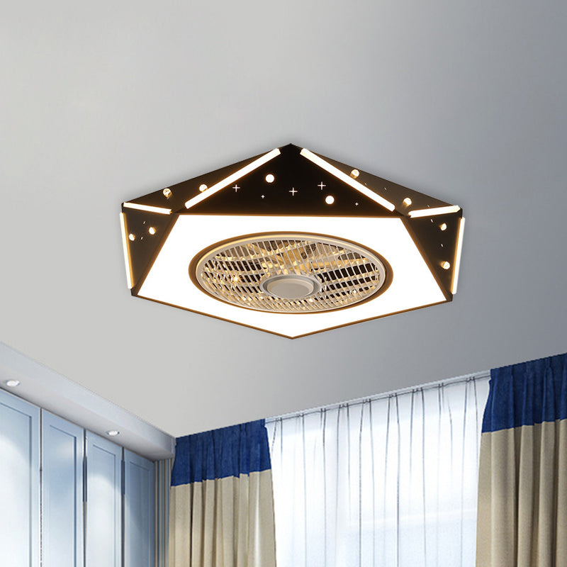 Faceted Pentagonal LED Semi Flush Light Modern Metal White/Black/Pink Ceiling Fan Lamp for Children Room, 21.5" Wide Clearhalo 'Ceiling Fans with Lights' 'Ceiling Fans' 'Kids Ceiling Fans' 'Kids' Lighting' 1652162