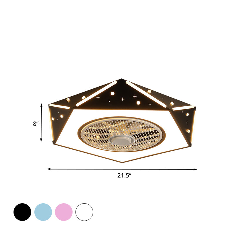 Faceted Pentagonal LED Semi Flush Light Modern Metal White/Black/Pink Ceiling Fan Lamp for Children Room, 21.5" Wide Clearhalo 'Ceiling Fans with Lights' 'Ceiling Fans' 'Kids Ceiling Fans' 'Kids' Lighting' 1652165