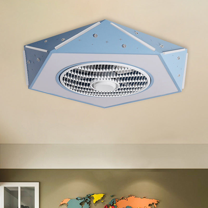 Faceted Pentagonal LED Semi Flush Light Modern Metal White/Black/Pink Ceiling Fan Lamp for Children Room, 21.5" Wide Blue Clearhalo 'Ceiling Fans with Lights' 'Ceiling Fans' 'Kids Ceiling Fans' 'Kids' Lighting' 1652166