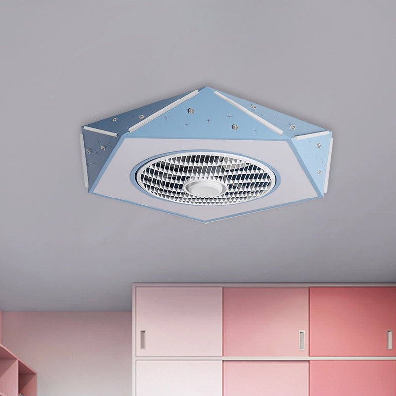 Faceted Pentagonal LED Semi Flush Light Modern Metal White/Black/Pink Ceiling Fan Lamp for Children Room, 21.5" Wide Clearhalo 'Ceiling Fans with Lights' 'Ceiling Fans' 'Kids Ceiling Fans' 'Kids' Lighting' 1652168