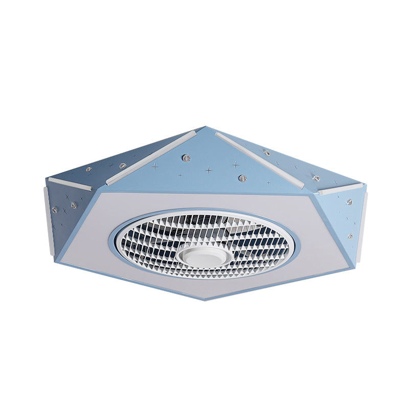 Faceted Pentagonal LED Semi Flush Light Modern Metal White/Black/Pink Ceiling Fan Lamp for Children Room, 21.5" Wide Clearhalo 'Ceiling Fans with Lights' 'Ceiling Fans' 'Kids Ceiling Fans' 'Kids' Lighting' 1652169