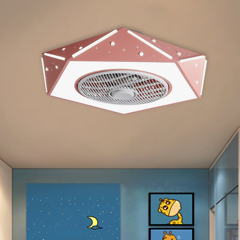 Faceted Pentagonal LED Semi Flush Light Modern Metal White/Black/Pink Ceiling Fan Lamp for Children Room, 21.5" Wide Pink Clearhalo 'Ceiling Fans with Lights' 'Ceiling Fans' 'Kids Ceiling Fans' 'Kids' Lighting' 1652170