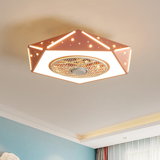 Faceted Pentagonal LED Semi Flush Light Modern Metal White/Black/Pink Ceiling Fan Lamp for Children Room, 21.5" Wide Clearhalo 'Ceiling Fans with Lights' 'Ceiling Fans' 'Kids Ceiling Fans' 'Kids' Lighting' 1652171