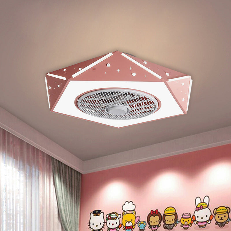 Faceted Pentagonal LED Semi Flush Light Modern Metal White/Black/Pink Ceiling Fan Lamp for Children Room, 21.5" Wide Clearhalo 'Ceiling Fans with Lights' 'Ceiling Fans' 'Kids Ceiling Fans' 'Kids' Lighting' 1652172