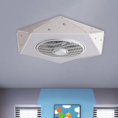 Faceted Pentagonal LED Semi Flush Light Modern Metal White/Black/Pink Ceiling Fan Lamp for Children Room, 21.5" Wide White Clearhalo 'Ceiling Fans with Lights' 'Ceiling Fans' 'Kids Ceiling Fans' 'Kids' Lighting' 1652174