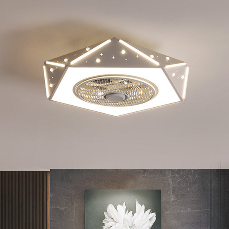 Faceted Pentagonal LED Semi Flush Light Modern Metal White/Black/Pink Ceiling Fan Lamp for Children Room, 21.5" Wide Clearhalo 'Ceiling Fans with Lights' 'Ceiling Fans' 'Kids Ceiling Fans' 'Kids' Lighting' 1652175