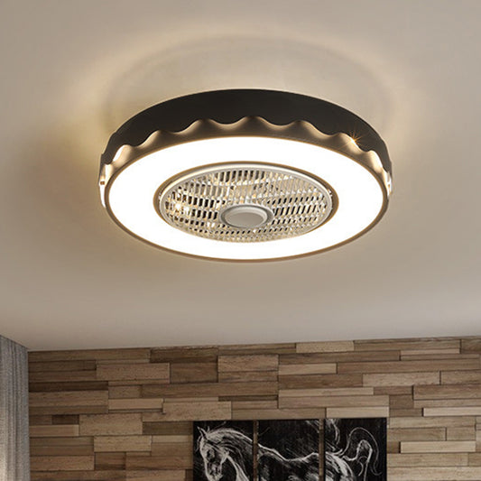Circular Semi Flush Mount Fixture Creative Metal 23" Dia LED White/Black/Pink Ceiling Fan Lighting with Wavy Edge for Bedroom Black Clearhalo 'Ceiling Fans with Lights' 'Ceiling Fans' 'Modern Ceiling Fans' 'Modern' Lighting' 1652179