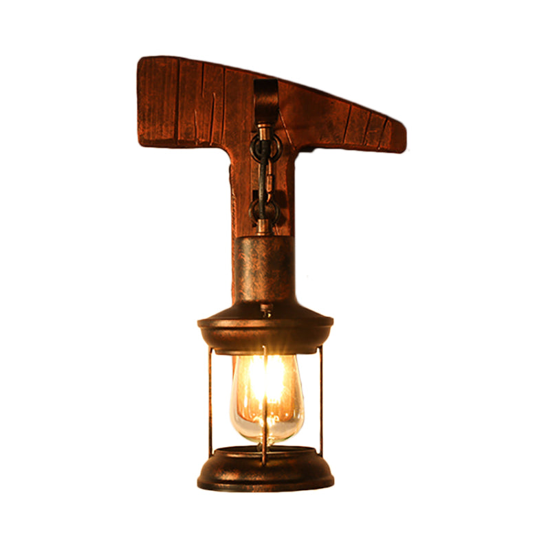 Rust One Light Sconce Light Coastal Clear Glass Lantern Lighting Fixture with Wooden Backplate Clearhalo 'Industrial wall lights' 'Industrial' 'Middle century wall lights' 'Rustic wall lights' 'Tiffany' 'Wall Lamps & Sconces' 'Wall Lights' Lighting' 165226