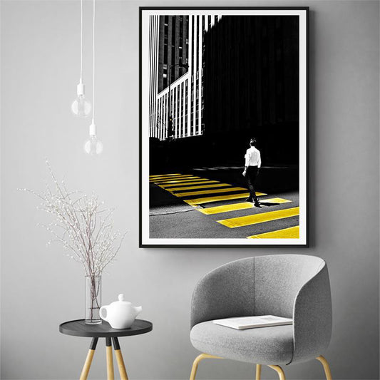 Yellow City View Wall Decor Photo Man Crossing the Road Modern Textured Canvas Art Yellow Clearhalo 'Art Gallery' 'Canvas Art' 'Contemporary Art Gallery' 'Modern' Arts' 1652266