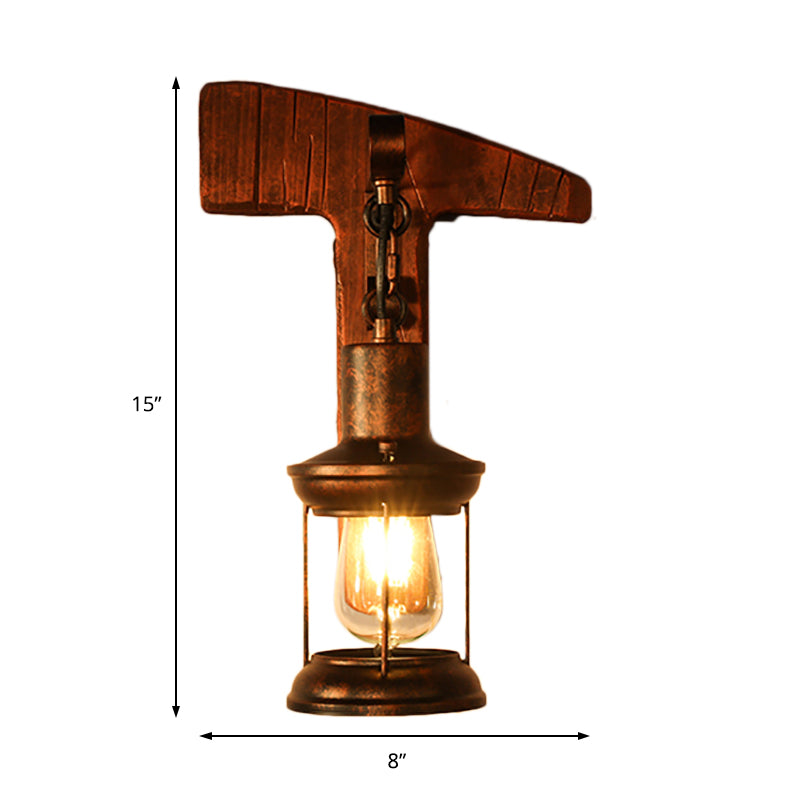 Rust One Light Sconce Light Coastal Clear Glass Lantern Lighting Fixture with Wooden Backplate Clearhalo 'Industrial wall lights' 'Industrial' 'Middle century wall lights' 'Rustic wall lights' 'Tiffany' 'Wall Lamps & Sconces' 'Wall Lights' Lighting' 165227
