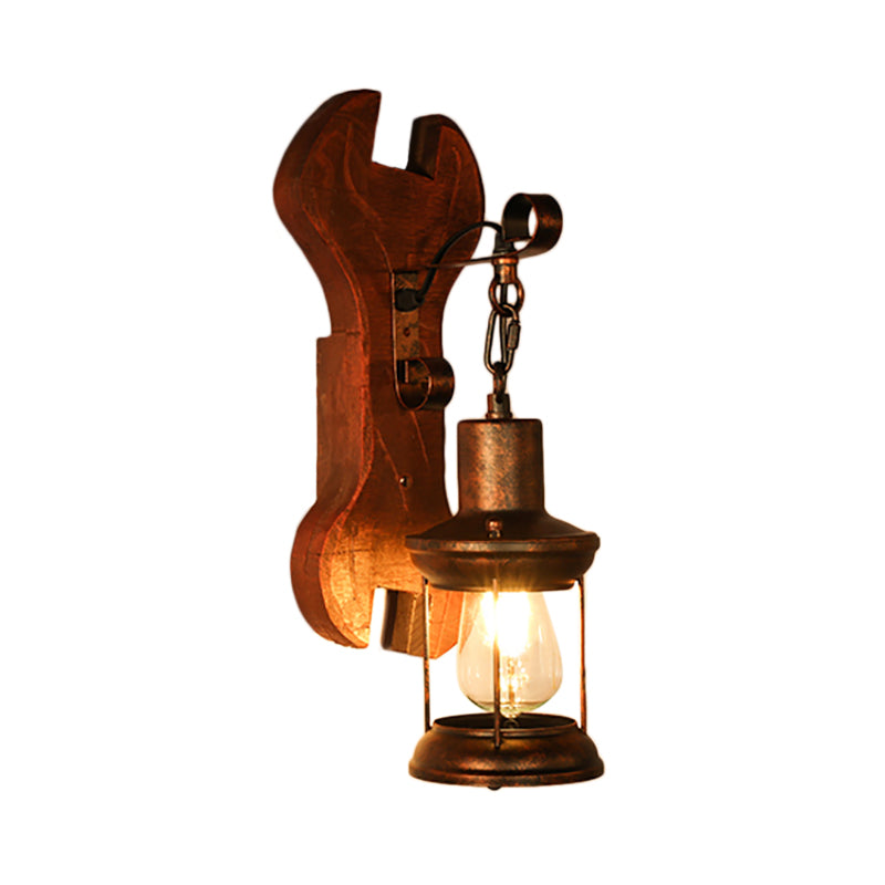Rust One Light Sconce Light Coastal Clear Glass Lantern Lighting Fixture with Wooden Backplate Clearhalo 'Industrial wall lights' 'Industrial' 'Middle century wall lights' 'Rustic wall lights' 'Tiffany' 'Wall Lamps & Sconces' 'Wall Lights' Lighting' 165229