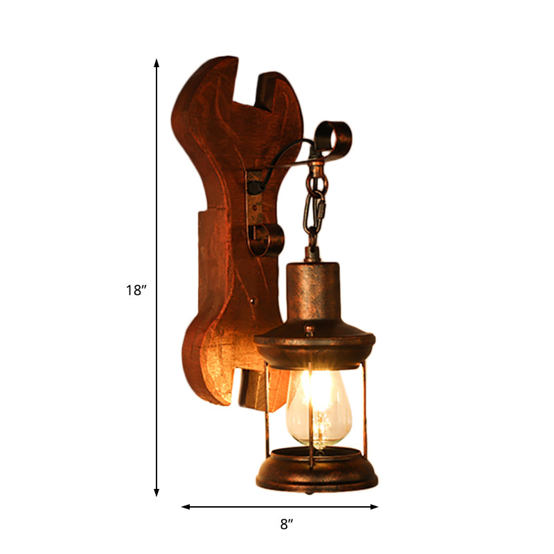 Rust One Light Sconce Light Coastal Clear Glass Lantern Lighting Fixture with Wooden Backplate Clearhalo 'Industrial wall lights' 'Industrial' 'Middle century wall lights' 'Rustic wall lights' 'Tiffany' 'Wall Lamps & Sconces' 'Wall Lights' Lighting' 165230