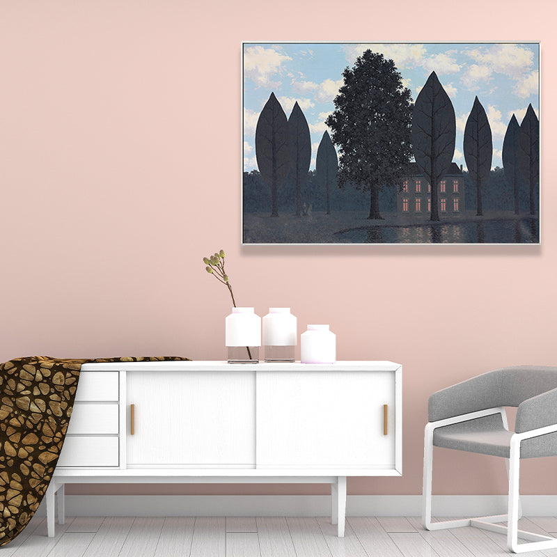 Surrealistic Magritte Forest Painting Dining Room Canvas Wall Art in Pastel Color Clearhalo 'Art Gallery' 'Canvas Art' 'Country Art Gallery' 'French Country' 'Rustic' Arts' 1652326