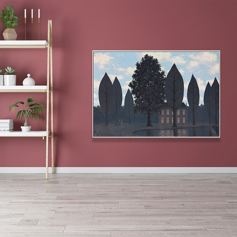Surrealistic Magritte Forest Painting Dining Room Canvas Wall Art in Pastel Color Clearhalo 'Art Gallery' 'Canvas Art' 'Country Art Gallery' 'French Country' 'Rustic' Arts' 1652327