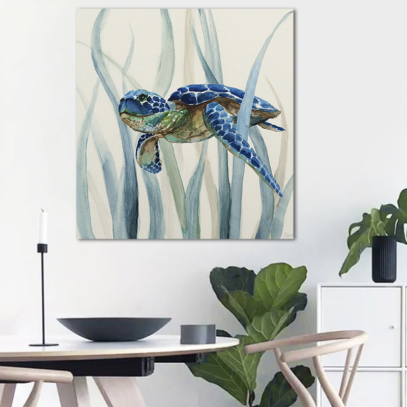 Blue Turtle and Seaweed Painting Textured Tropical Child Bedroom Canvas Wall Art Blue Design 2 Clearhalo 'Art Gallery' 'Canvas Art' 'Coastal Art Gallery' 'Nautical' Arts' 1652400