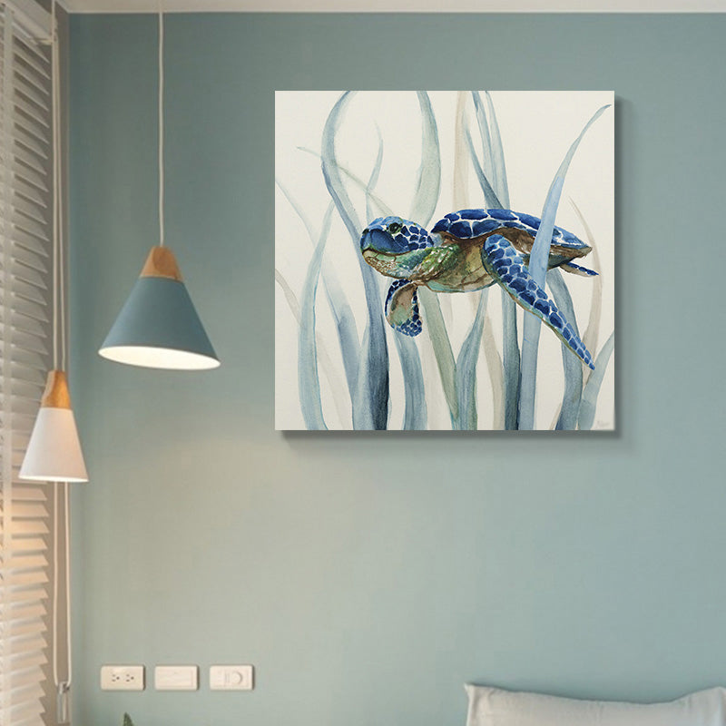 Blue Turtle and Seaweed Painting Textured Tropical Child Bedroom Canvas Wall Art Clearhalo 'Art Gallery' 'Canvas Art' 'Coastal Art Gallery' 'Nautical' Arts' 1652401