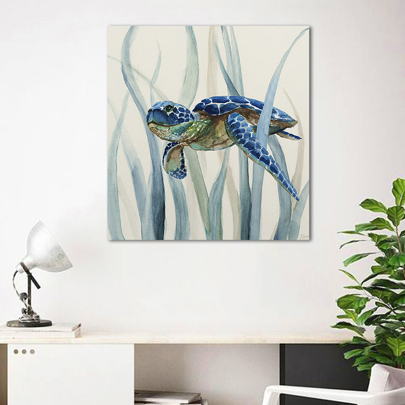 Blue Turtle and Seaweed Painting Textured Tropical Child Bedroom Canvas Wall Art Clearhalo 'Art Gallery' 'Canvas Art' 'Coastal Art Gallery' 'Nautical' Arts' 1652402