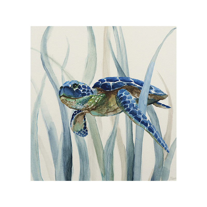 Blue Turtle and Seaweed Painting Textured Tropical Child Bedroom Canvas Wall Art Clearhalo 'Art Gallery' 'Canvas Art' 'Coastal Art Gallery' 'Nautical' Arts' 1652403